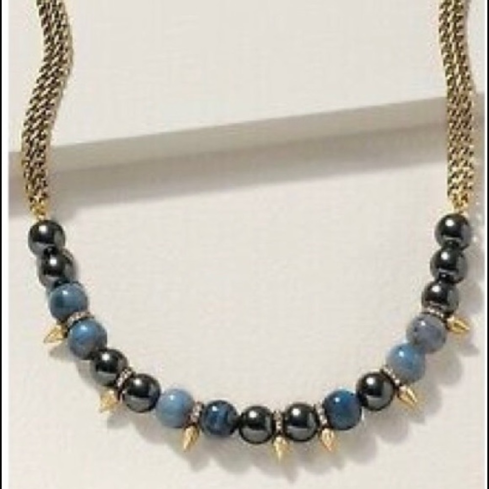 Stella & Dot | Blue Grey & Vintage Gold Elegant Spike Renegade Necklace - Picture 4 of 6